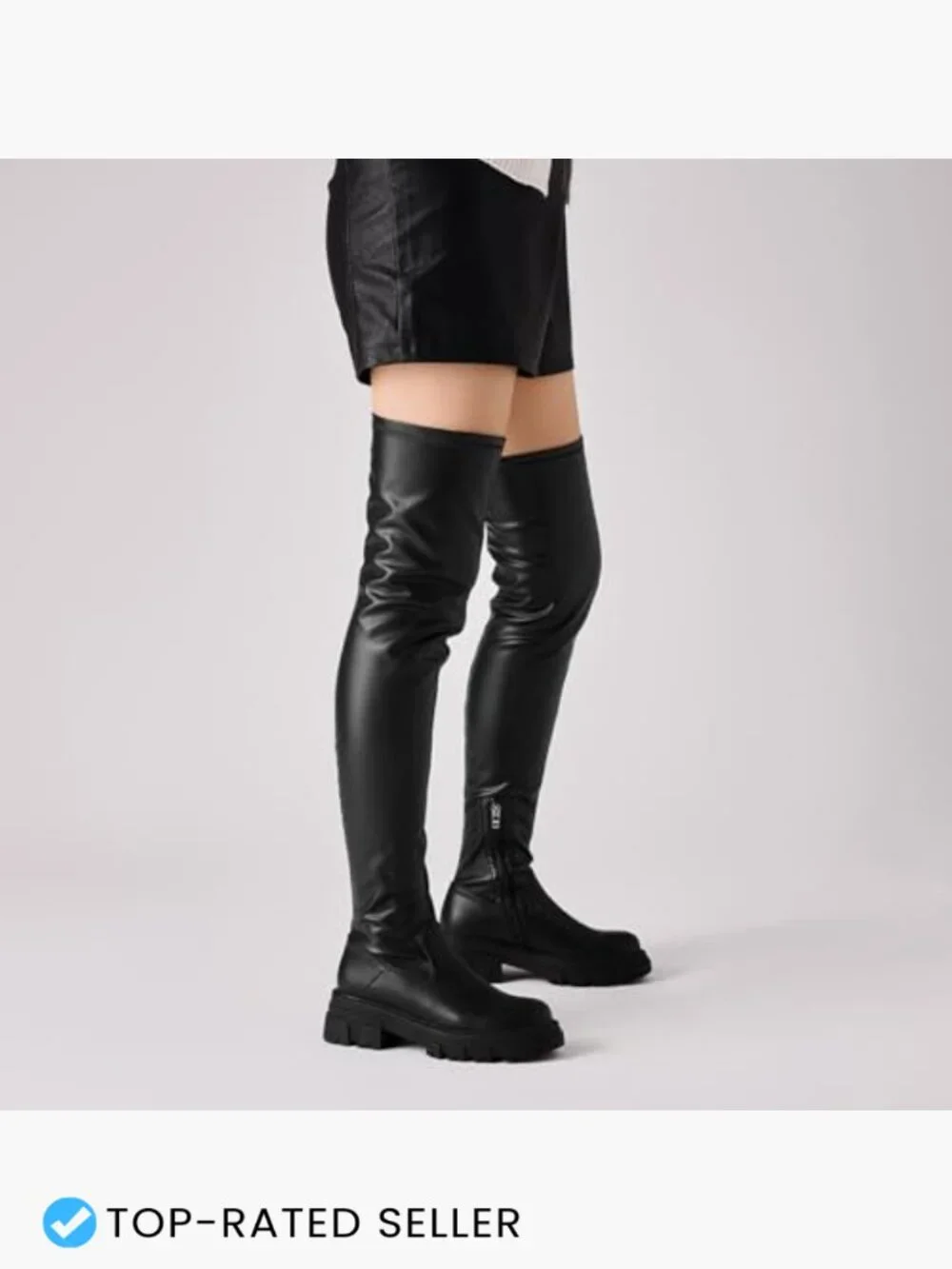 Over the Knee Boots Chunky Heel Platform Stretchy Faux Leather Lug Sole